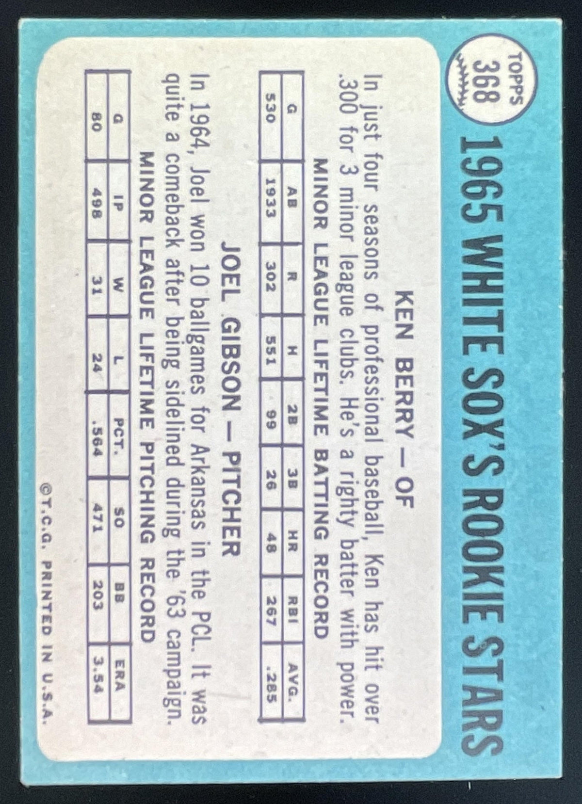 1965 Topps #368 White Sox 1965 Rookie Stars Ken Berry Joel Gibson RS, RC product image 2, provided for visual reference and