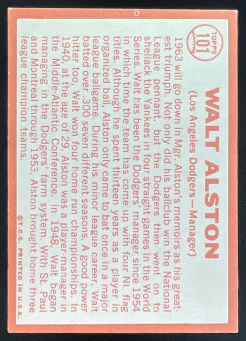 1964 Topps #101 Walt Alston product image 2, provided for visual reference and product detail review