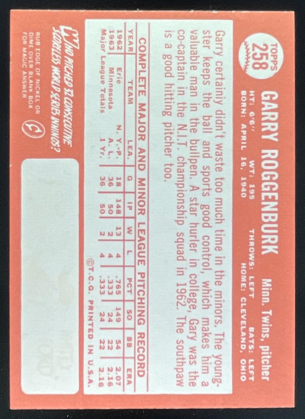 1964 Topps #258 Garry Roggenburk product image 2, provided for visual reference and product detail review
