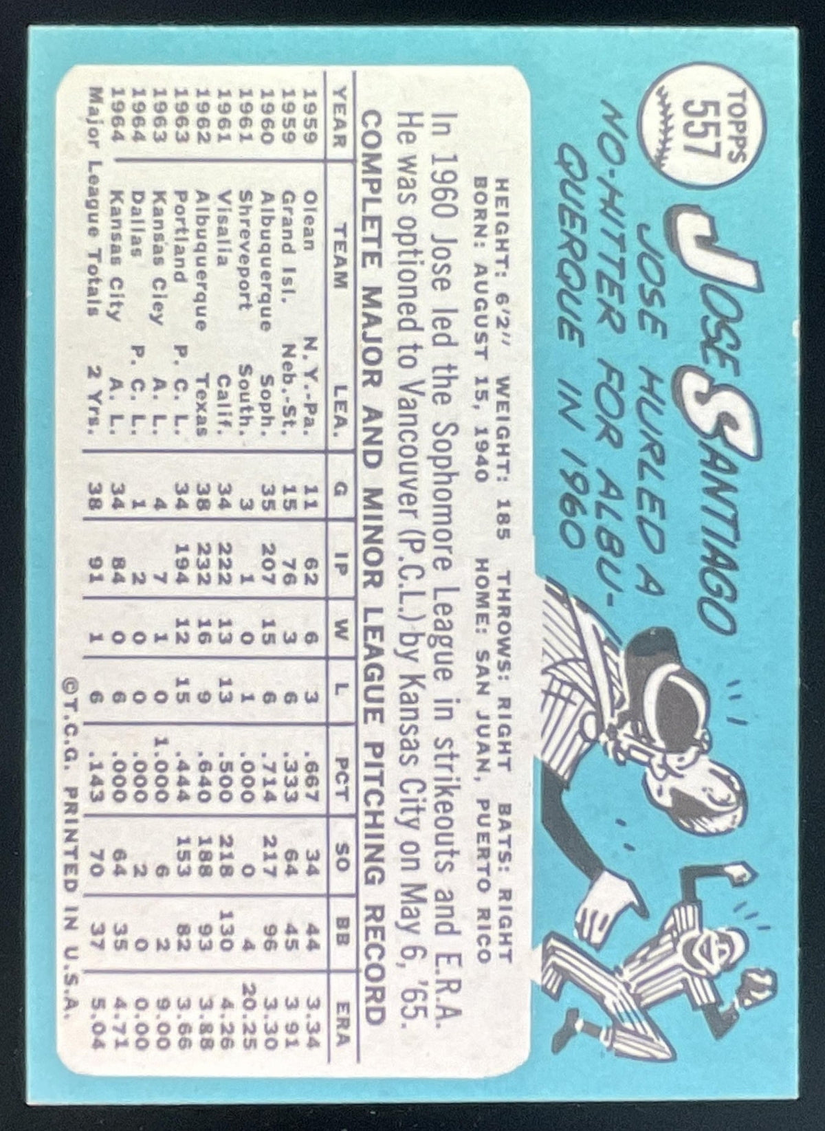 1965 Topps #557 Jose Santiago RC product image 2, provided for visual reference and product detail review