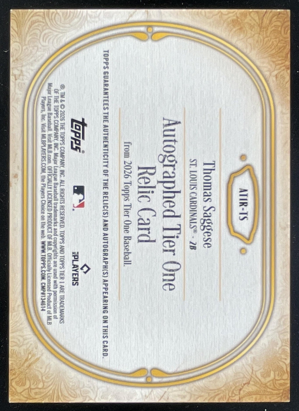 2026 Topps Tier One Autographed Tier One Relic #AT1R-TS Thomas Saggese Auto /199 product image 2, provided for visual