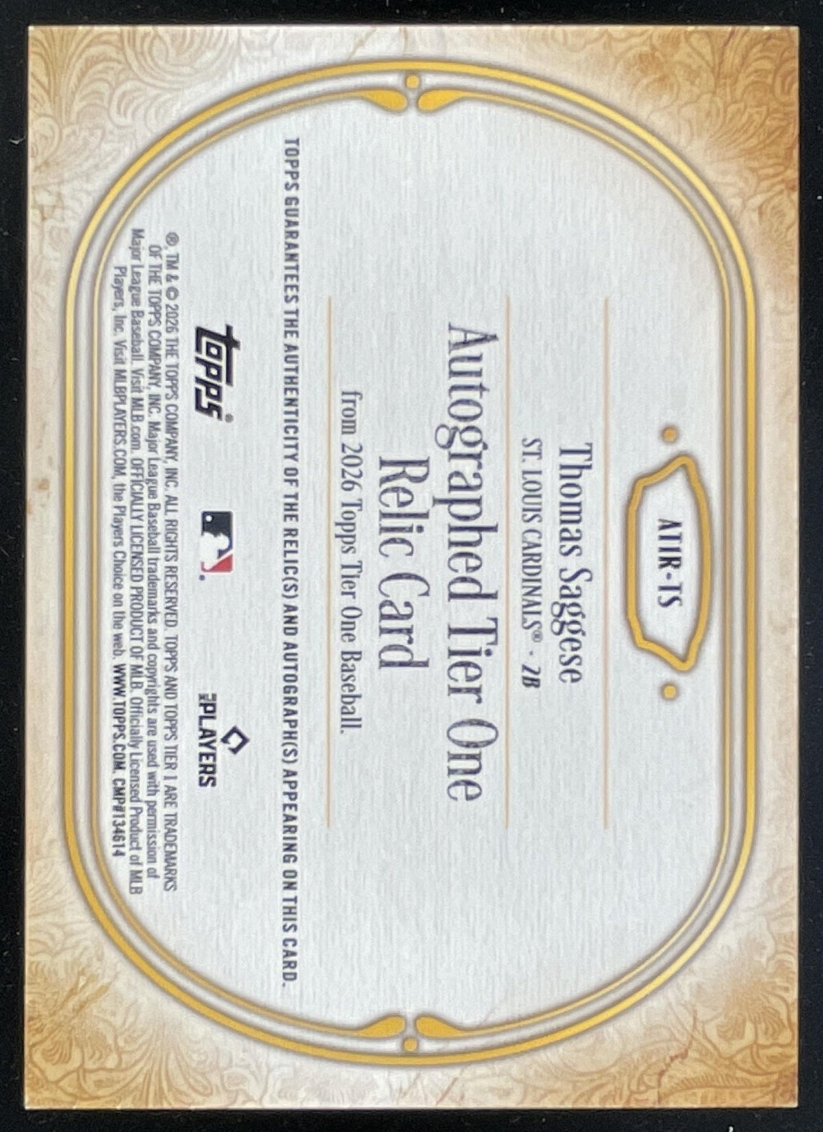 2026 Topps Tier One Autographed Tier One Relic #AT1R-TS Thomas Saggese Auto /199 product image 2, provided for visual