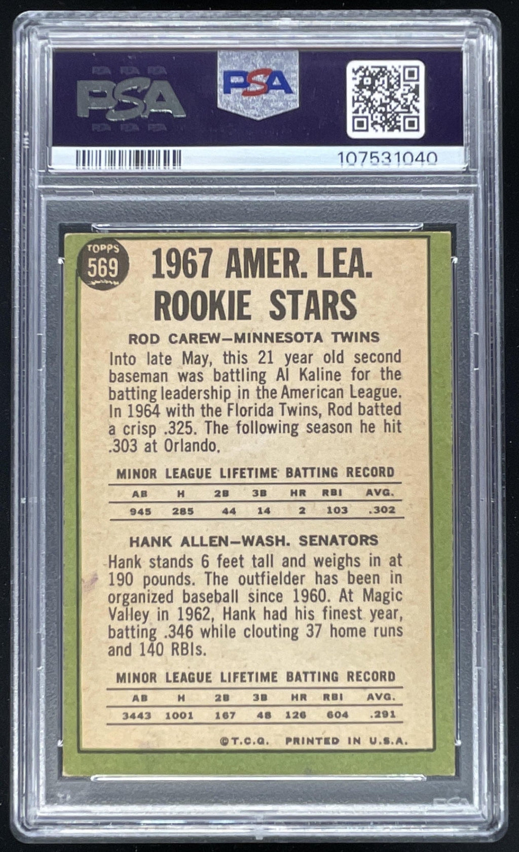 1967 Topps #569 A. League Rookie Stars Rod Carew Hank Allen RS, RC, PSA 5 product image 2, provided for visual reference and