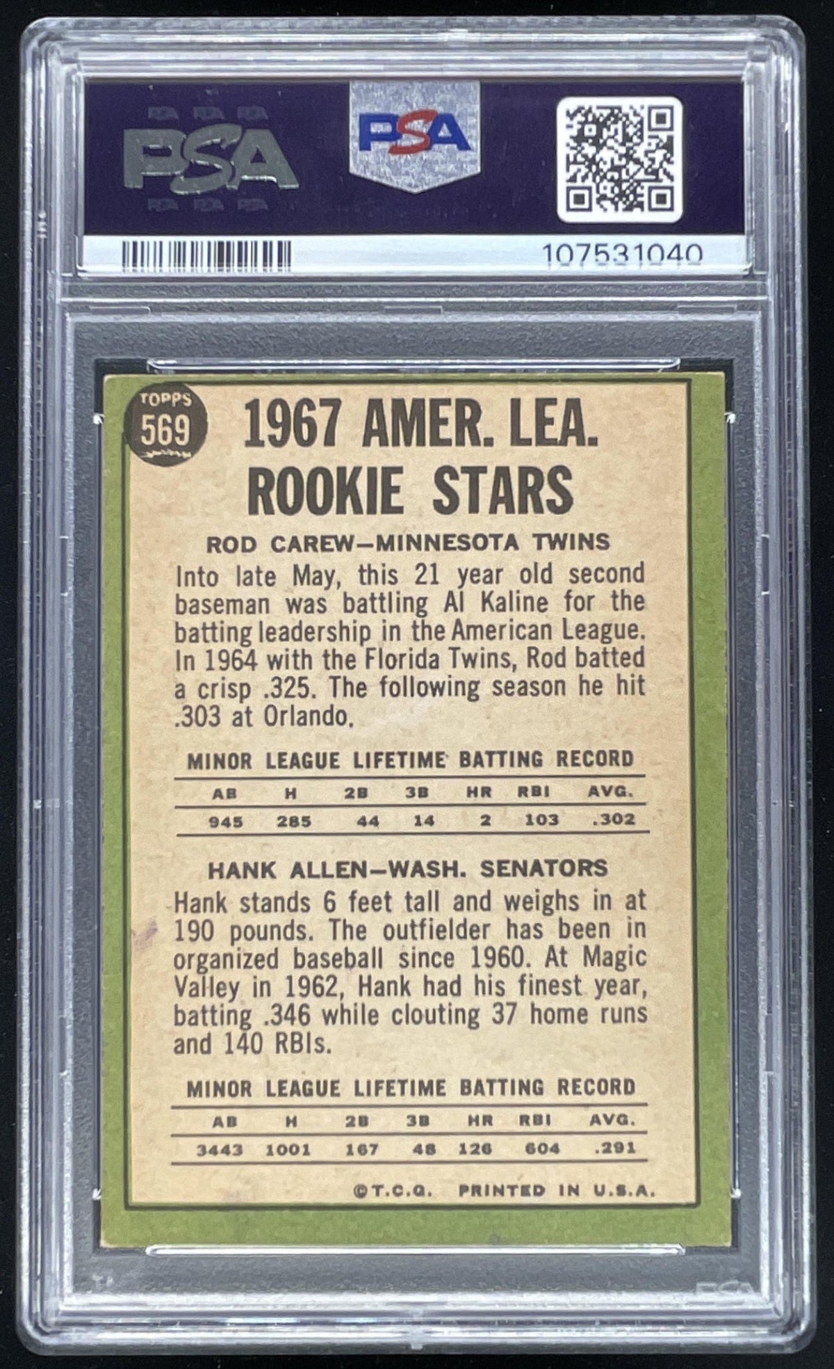 1967 Topps #569 A. League Rookie Stars Rod Carew Hank Allen RS, RC, PSA 5 product image 2, provided for visual reference and