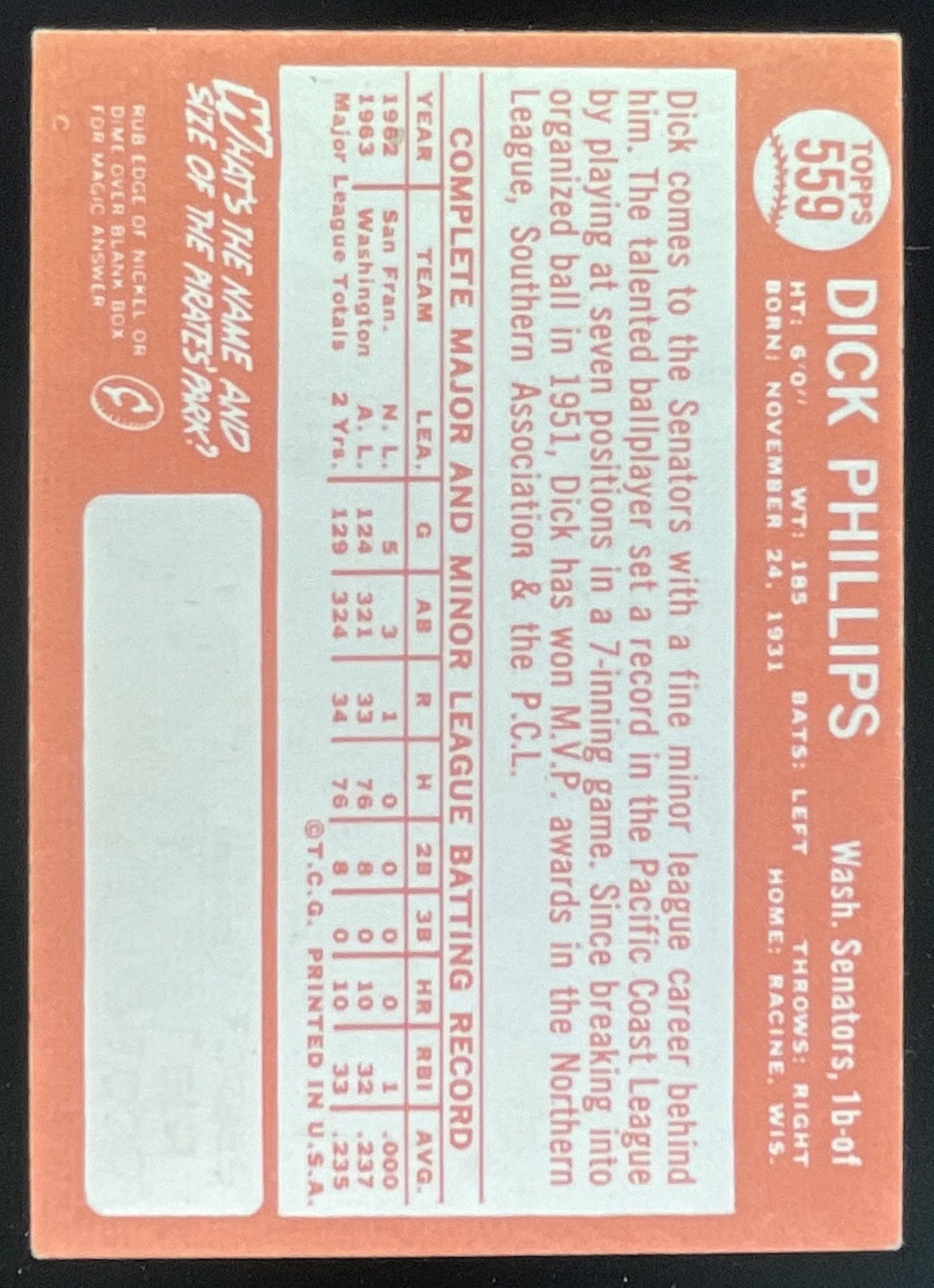 1964 Topps #559 Dick Phillips product image 2, provided for visual reference and product detail review