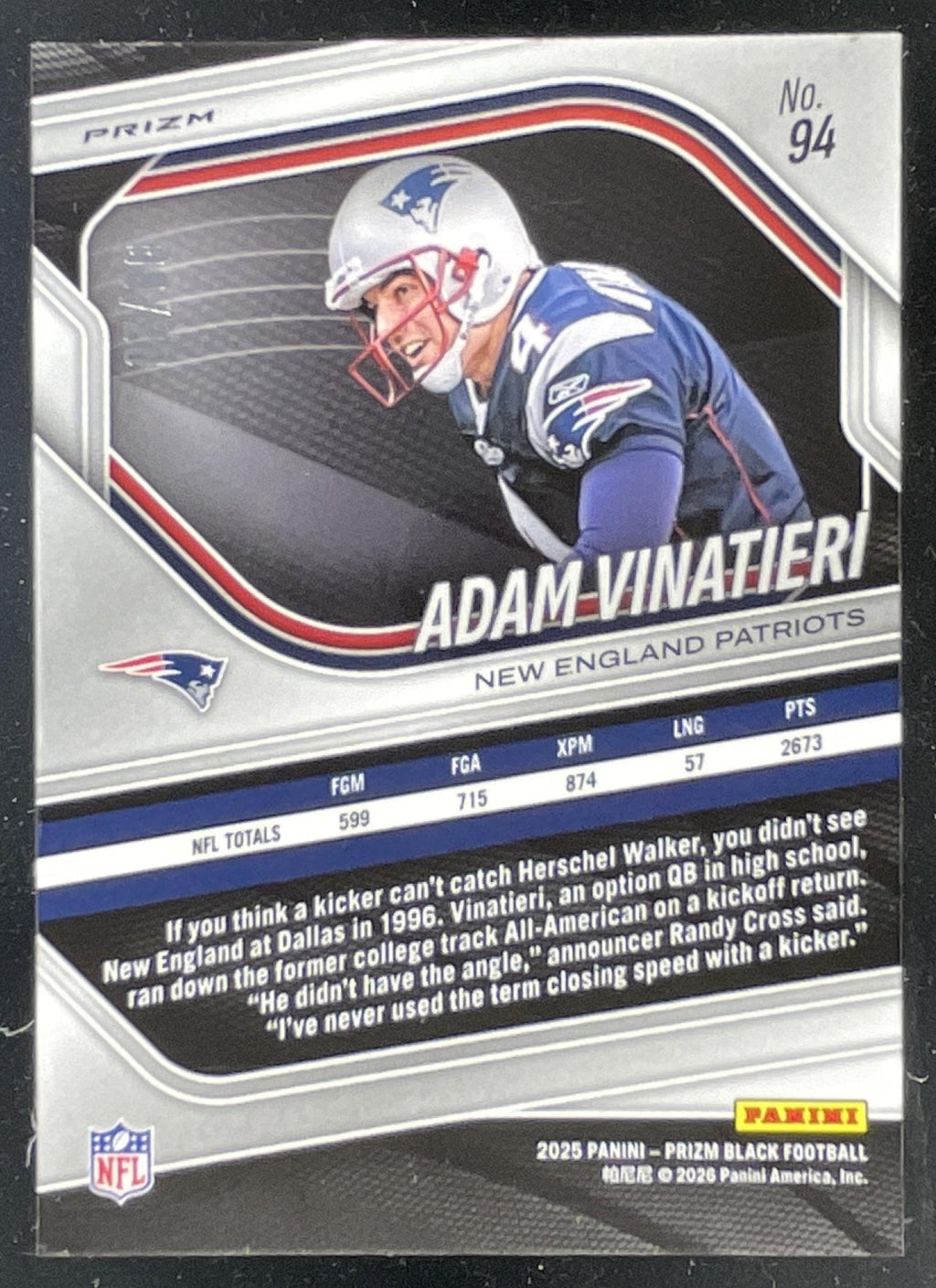 2025 Panini Prizm Black Cherry Blossom Prizm #94 Adam Vinatieri /20 product image 2, provided for visual reference and