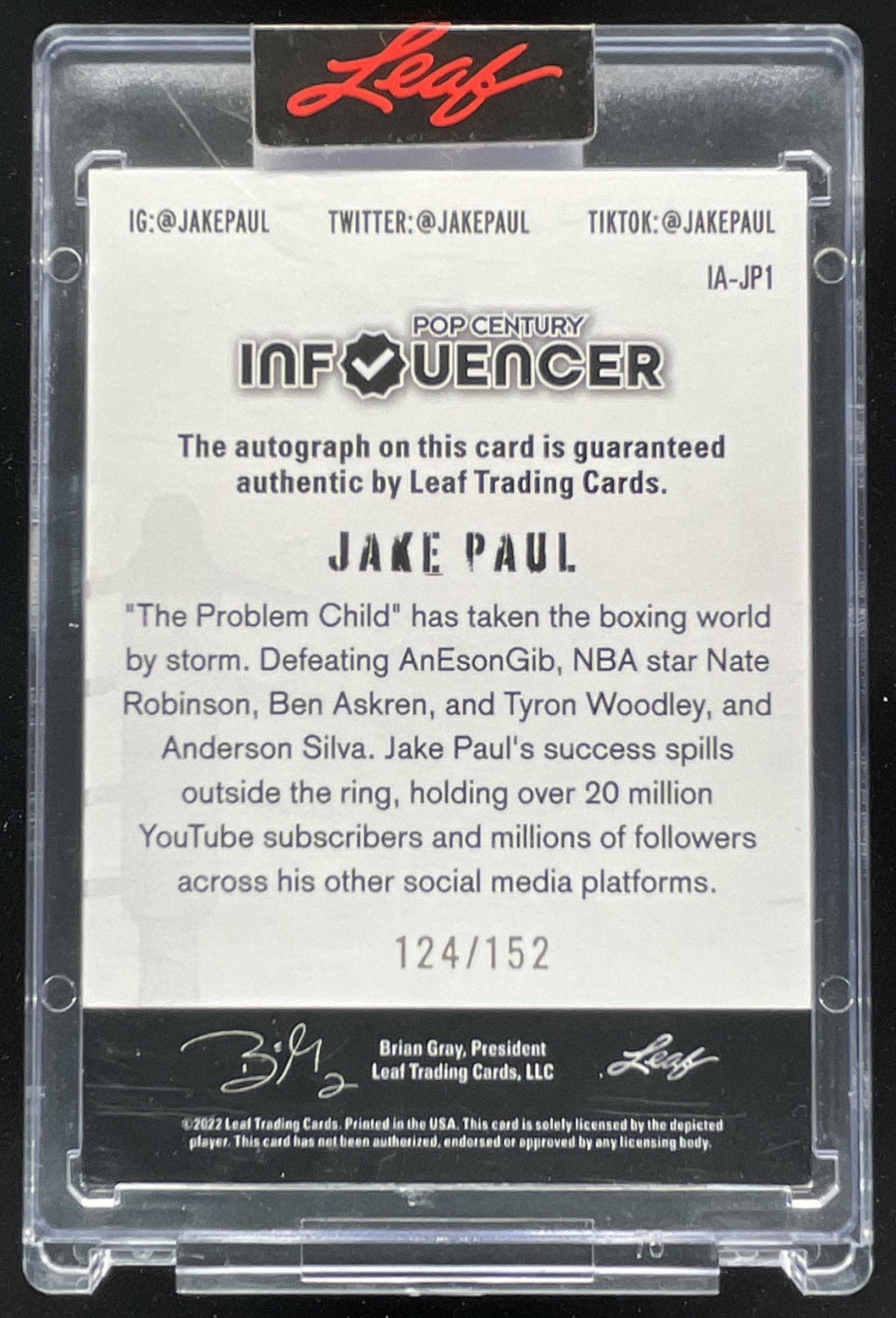2022 Leaf Pop Century Influencer Autographs #IA-JP1 Jake Paul Auto /152 product image 2, provided for visual reference and