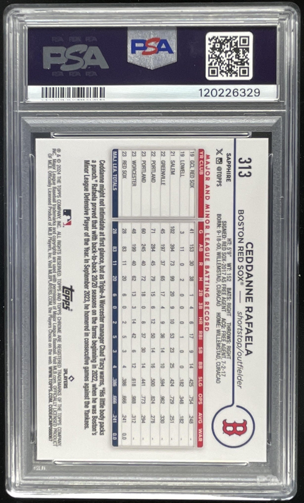 2024 Topps Chrome Sapphire Chrome #313 Ceddanne Rafaela RC PSA 10 product image 2, provided for visual reference and product