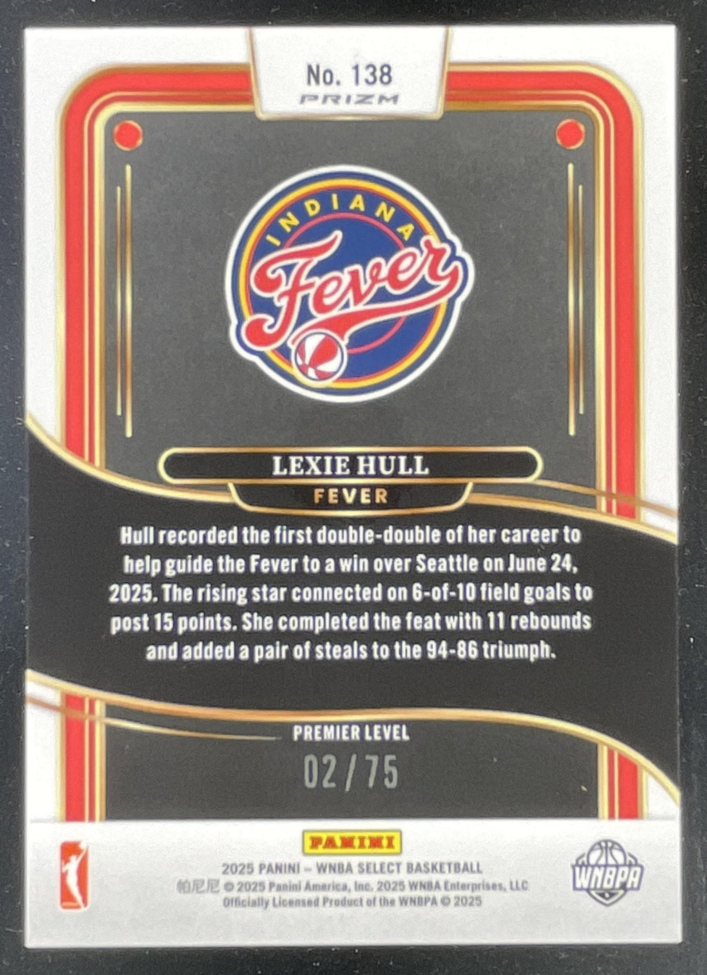 2025 Panini WNBA Select Premier Level Neon Green Prizms #138 Lexie Hull /75 product image 2, provided for visual reference