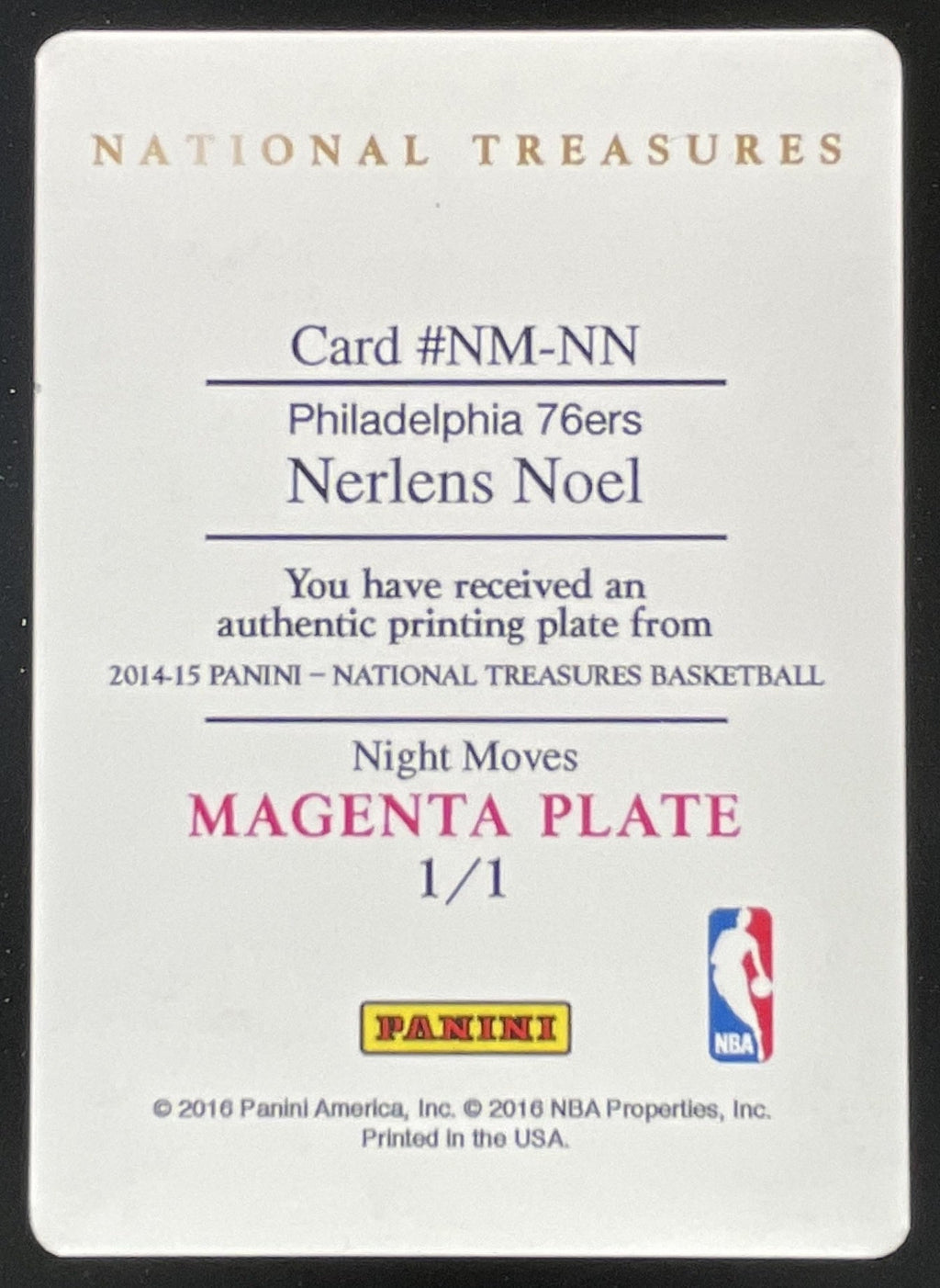2015-16 National Treasures Night Moves Printing Plates Magenta Nerlens Noel 1/1 product image 2, provided for visual