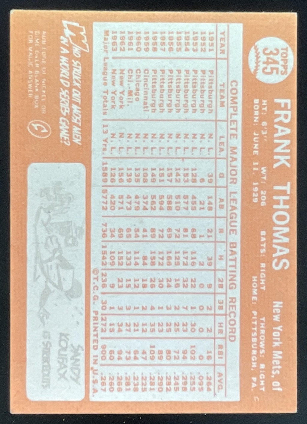 1964 Topps #345 Frank Thomas product image 2, provided for visual reference and product detail review