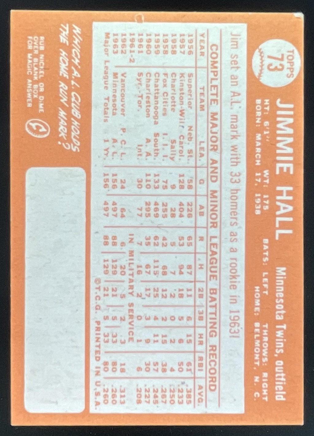 1964 Topps #73 Jimmie Hall Super Rookie RC All-Star product image 2, provided for visual reference and product detail review