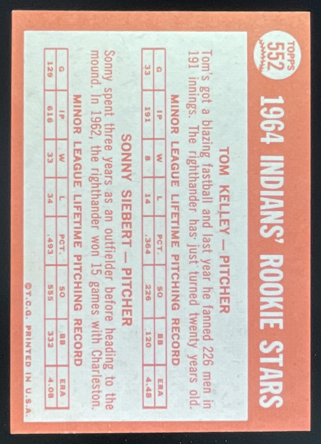1964 Topps #552 Indians 1964 Rookie Stars Tom Kelley Sonny Siebert RC product image 2, provided for visual reference and