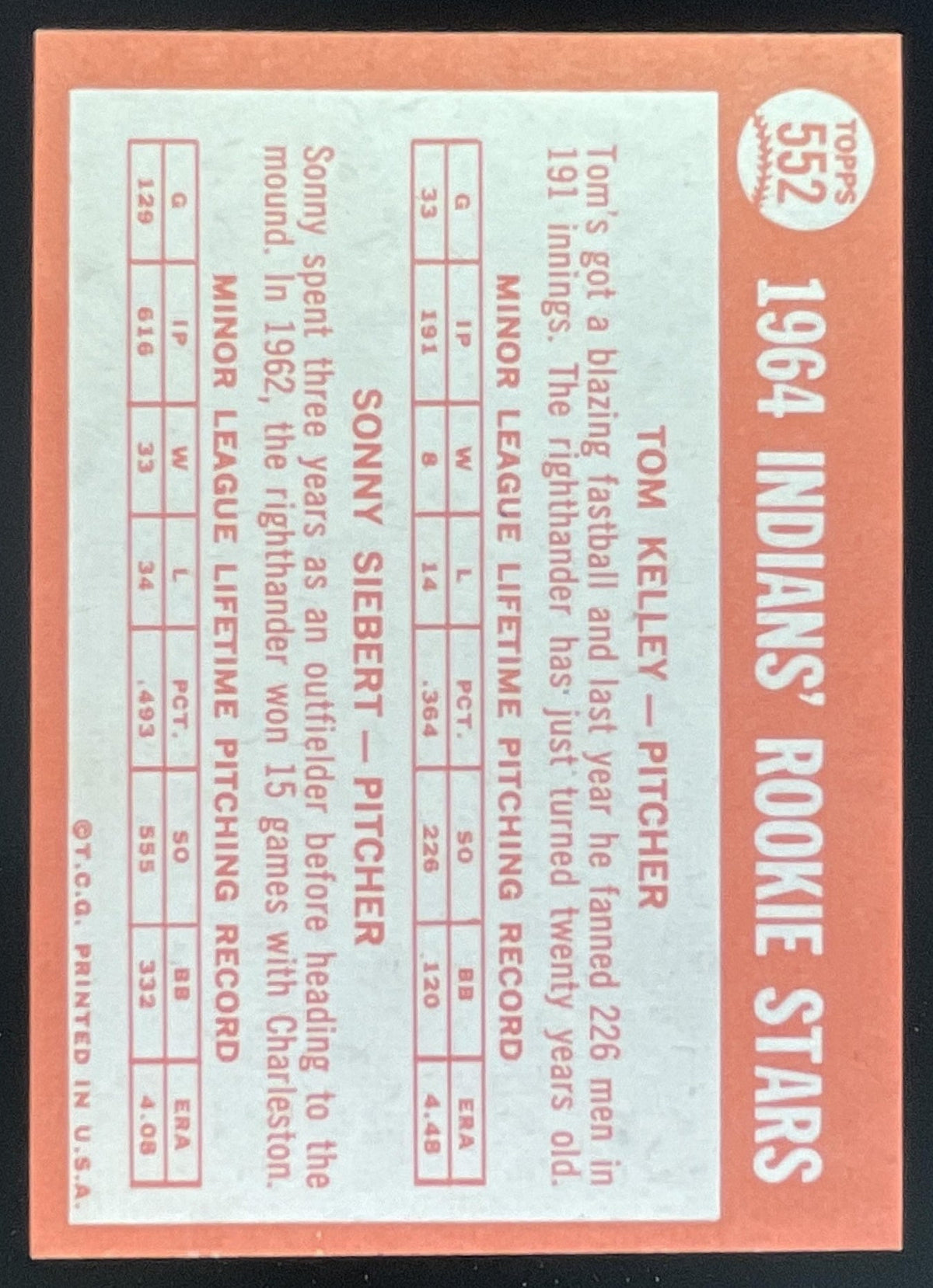1964 Topps #552 Indians 1964 Rookie Stars Tom Kelley Sonny Siebert RC product image 2, provided for visual reference and