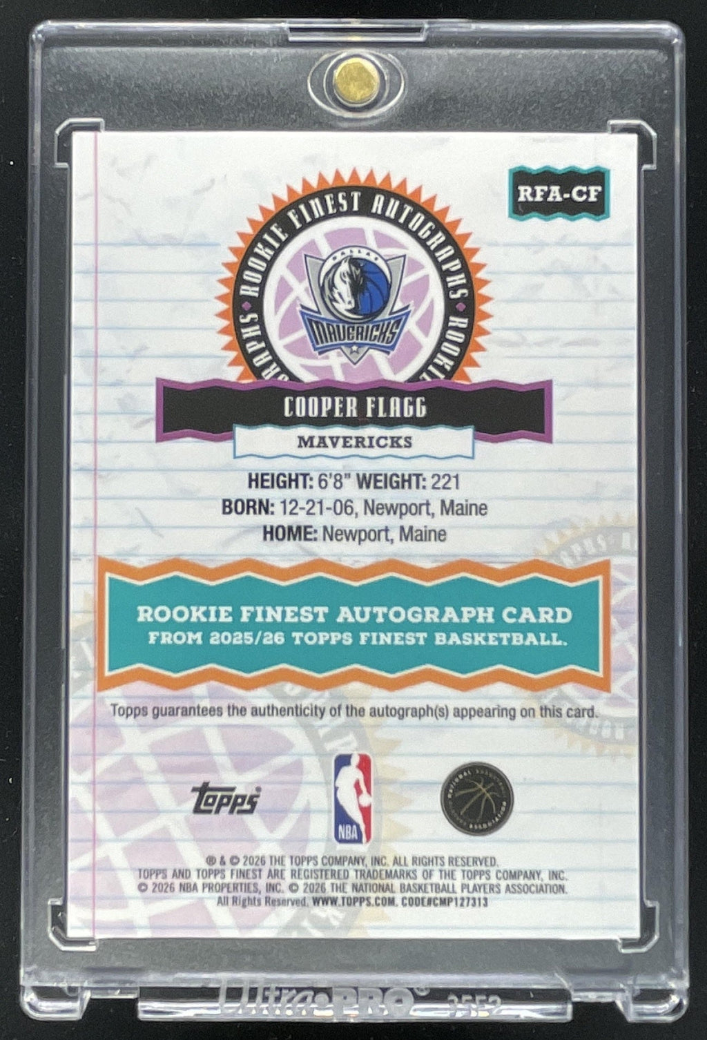 2025-26 Topps Finest Rookie Finest Autographs #RFA-CF Cooper Flagg RC Auto product image 2, provided for visual reference