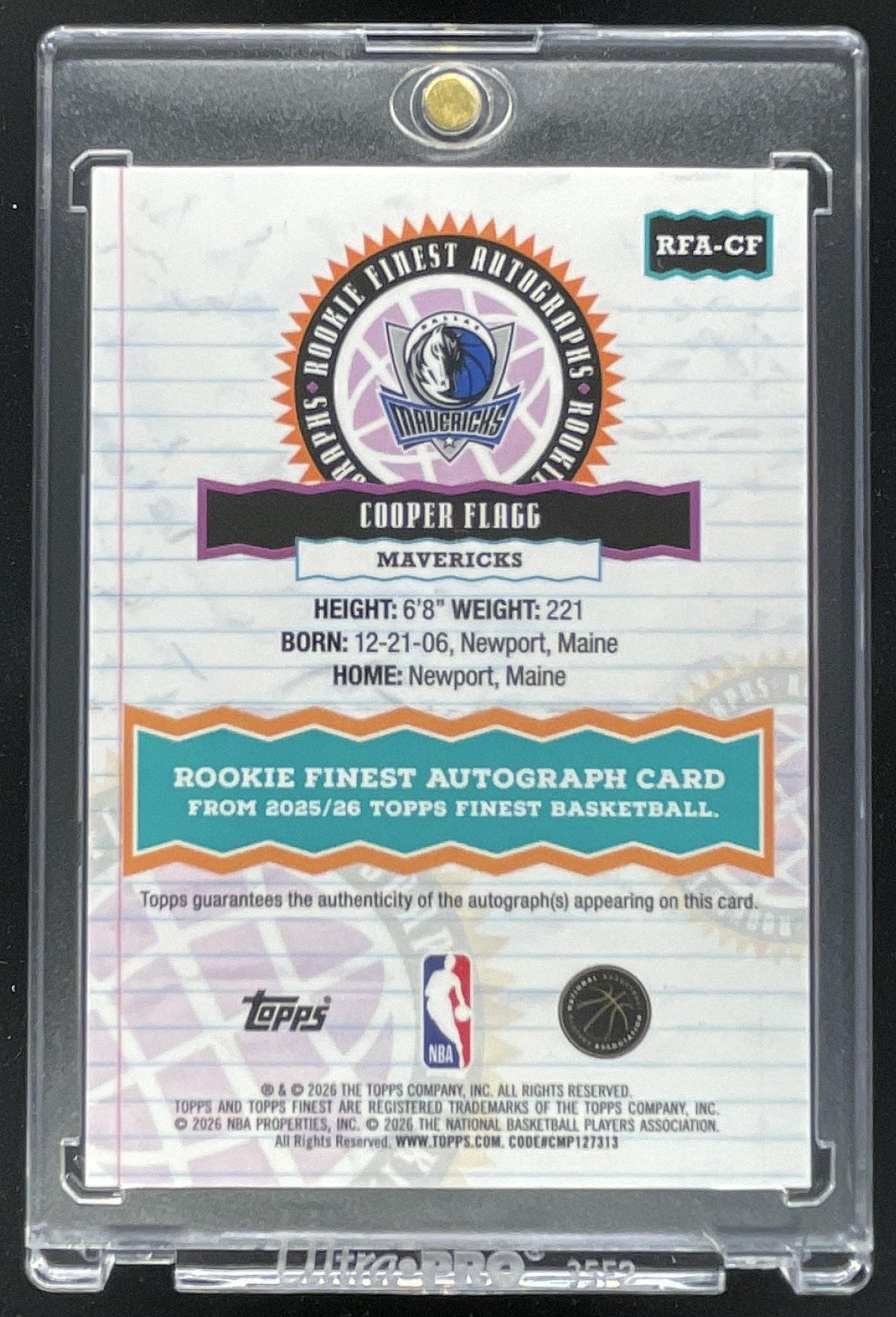 2025-26 Topps Finest Rookie Finest Autographs #RFA-CF Cooper Flagg RC Auto product image 2, provided for visual reference