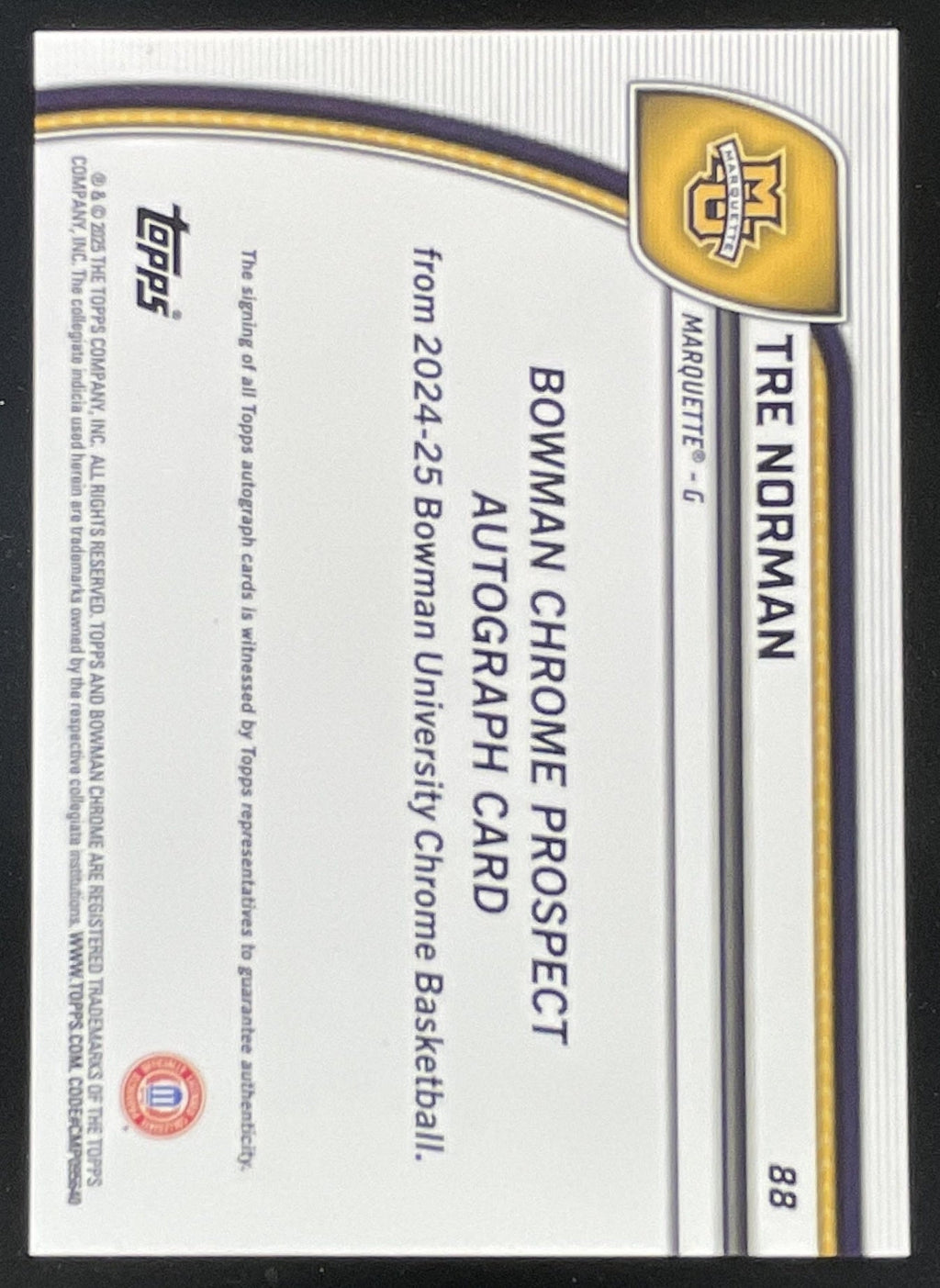 2024-25 Bowman Chrome University Prospect Red Wave #88 Tre Norman Auto /45 product image 2, provided for visual reference