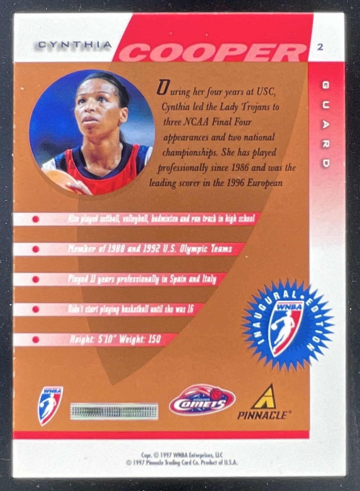 1997-98 Pinnacle Inside WNBA #2 Court Collection Cynthia Cooper RC product image 2, provided for visual reference and