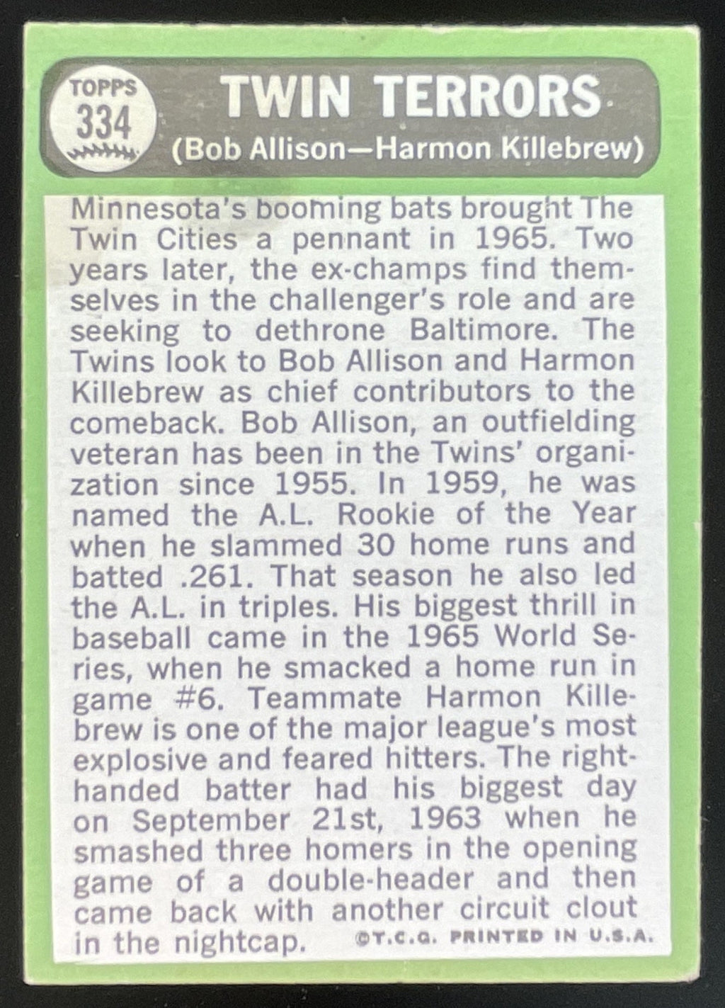 1967 Topps #334 Twin Terrors Bob Allison Harmon Killebrew C product image 2, provided for visual reference and product