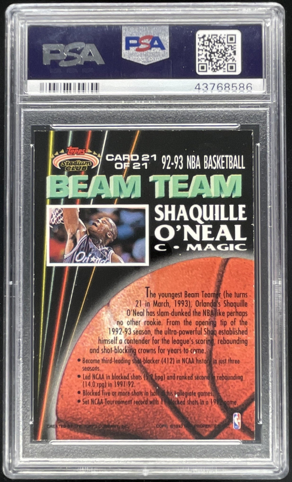 1992-93 Topps Stadium Club Beam Team Members Only #21 Shaquille O'Neal RC PSA 8 product image 2, provided for visual