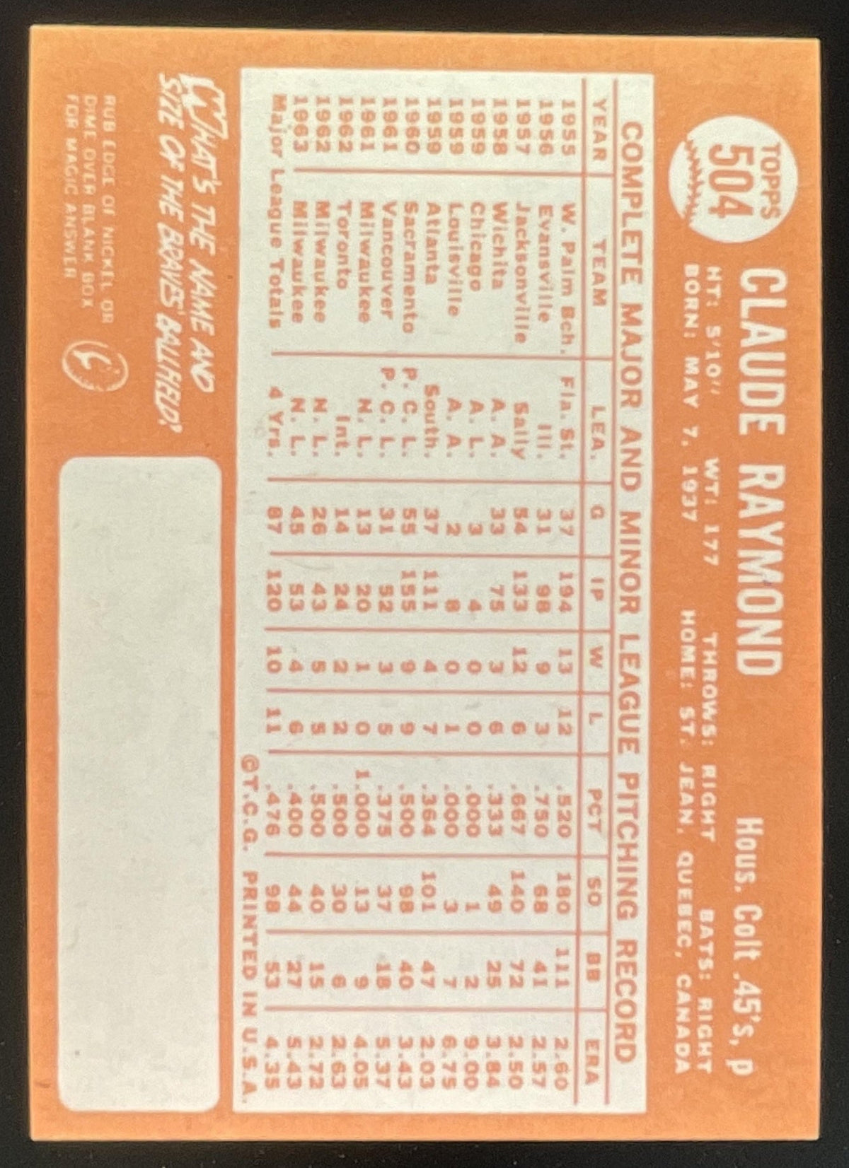 1964 Topps #504 Claude Raymond product image 2, provided for visual reference and product detail review