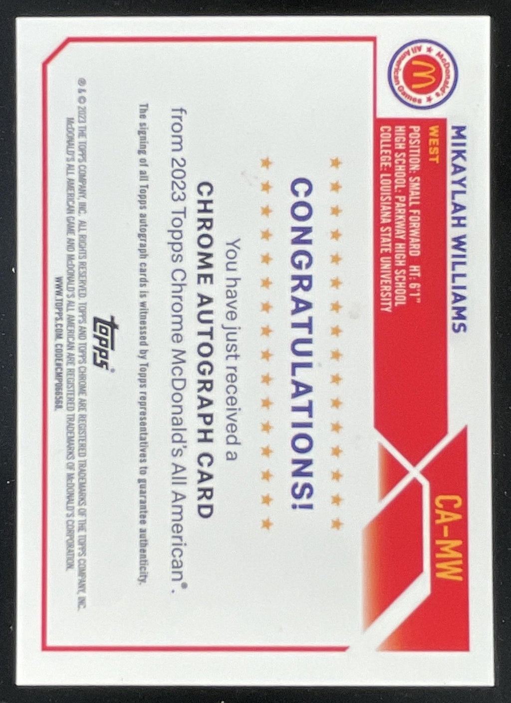 2023 Topps Chrome McDonald's All American Chrome #CA-MW Mikaylah Williams Auto product image 2, provided for visual
