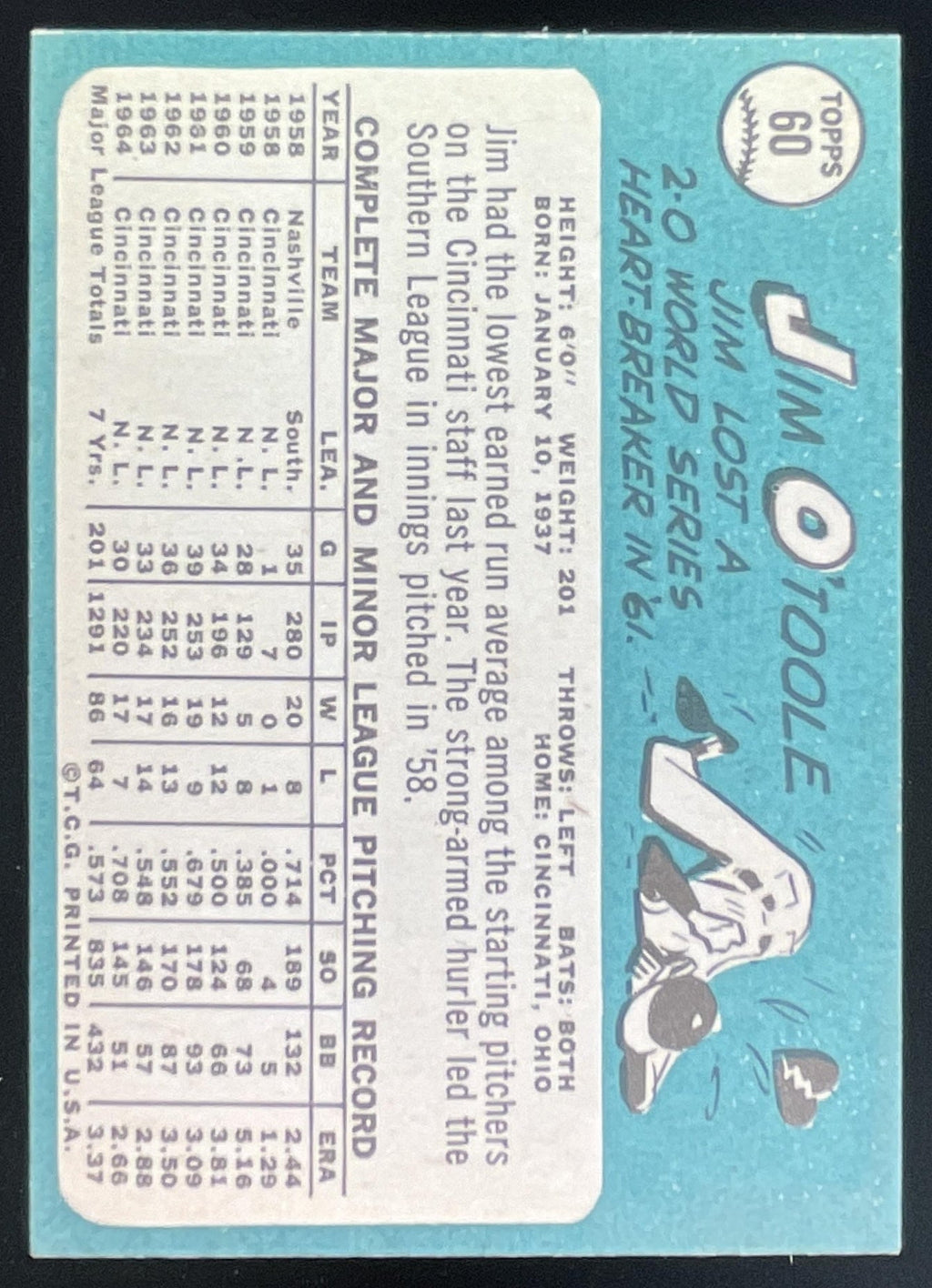 1965 Topps #60 Jim O'Toole product image 2, provided for visual reference and product detail review