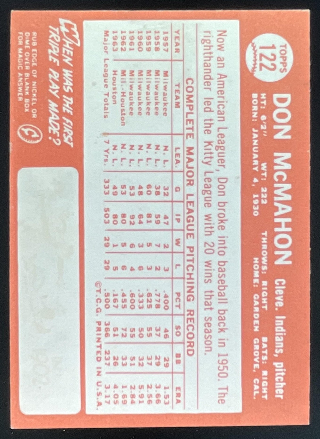 1964 Topps #122 Don McMahon product image 2, provided for visual reference and product detail review