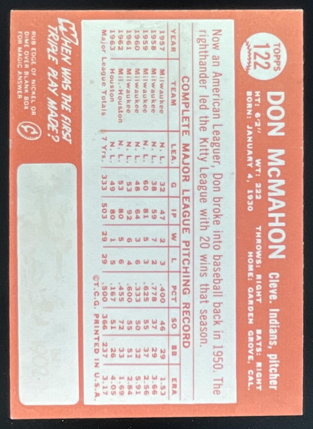 1964 Topps #122 Don McMahon product image 2, provided for visual reference and product detail review