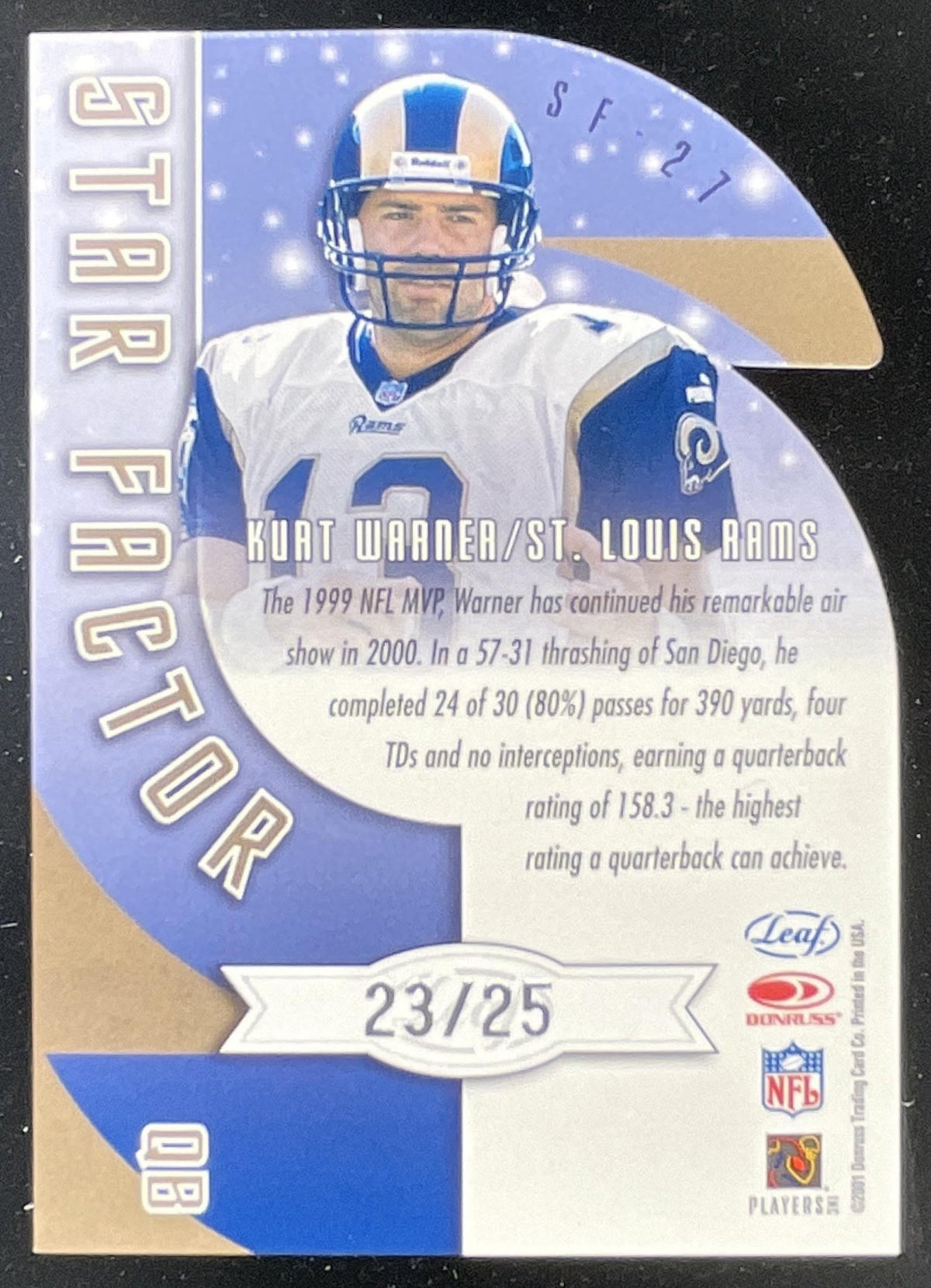 2001 Leaf Quantum Star Factor X Factor #SF-27 Kurt Warner /25 product image 2, provided for visual reference and product