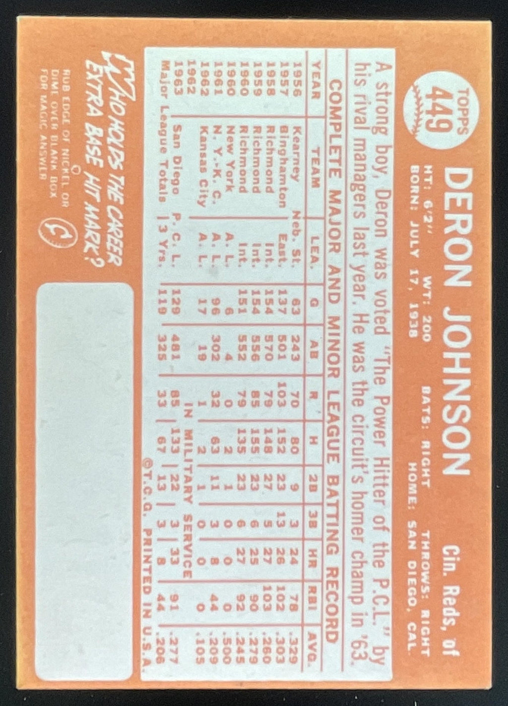 1964 Topps #449 Deron Johnson product image 2, provided for visual reference and product detail review