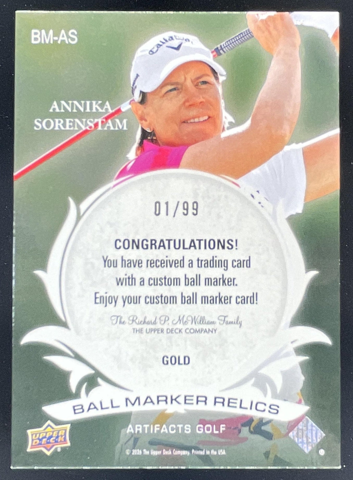 2026 UD Artifacts Ball Marker Manufactured Relics Gold Annika Sorenstam /99 product image 2, provided for visual reference