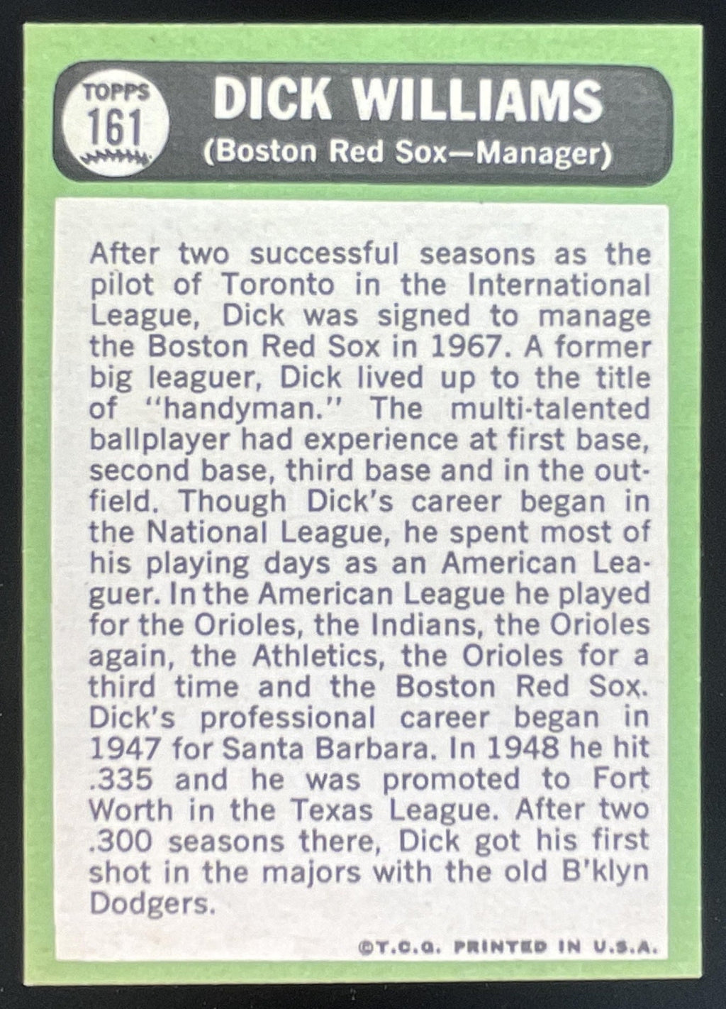 1967 Topps #161 Dick Williams product image 2, provided for visual reference and product detail review