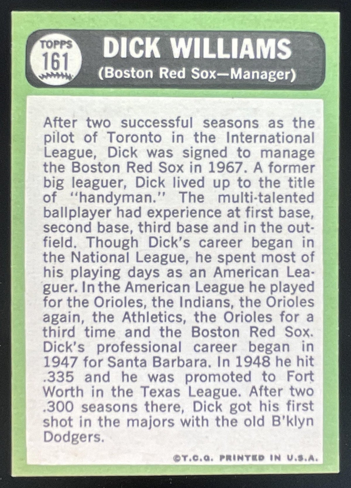 1967 Topps #161 Dick Williams product image 2, provided for visual reference and product detail review
