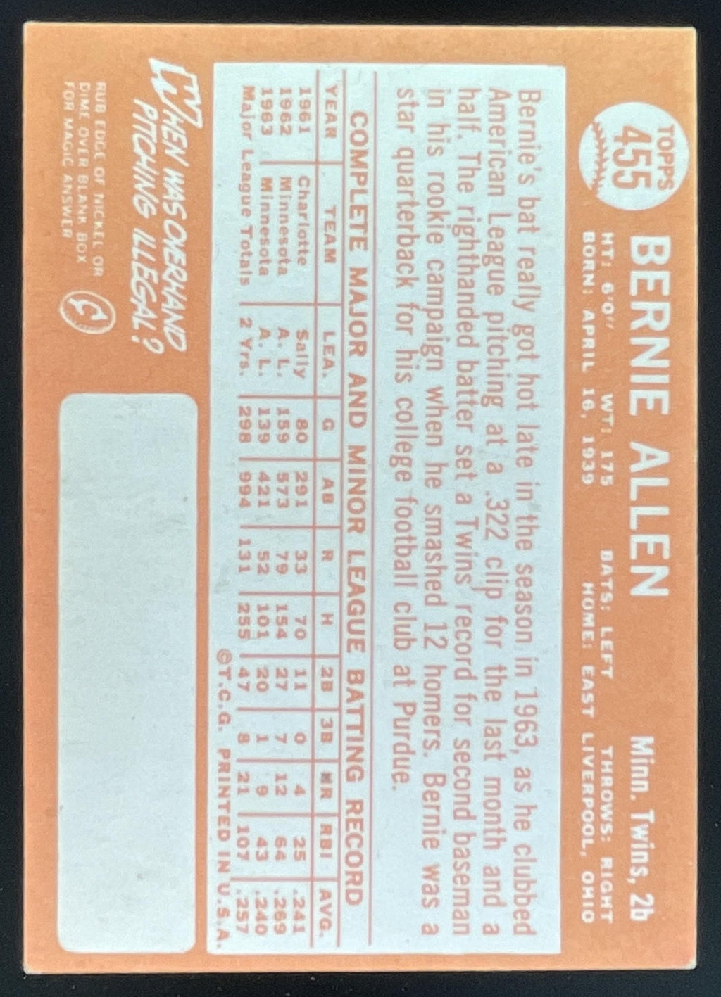1964 Topps #455 Bernie Allen product image 2, provided for visual reference and product detail review