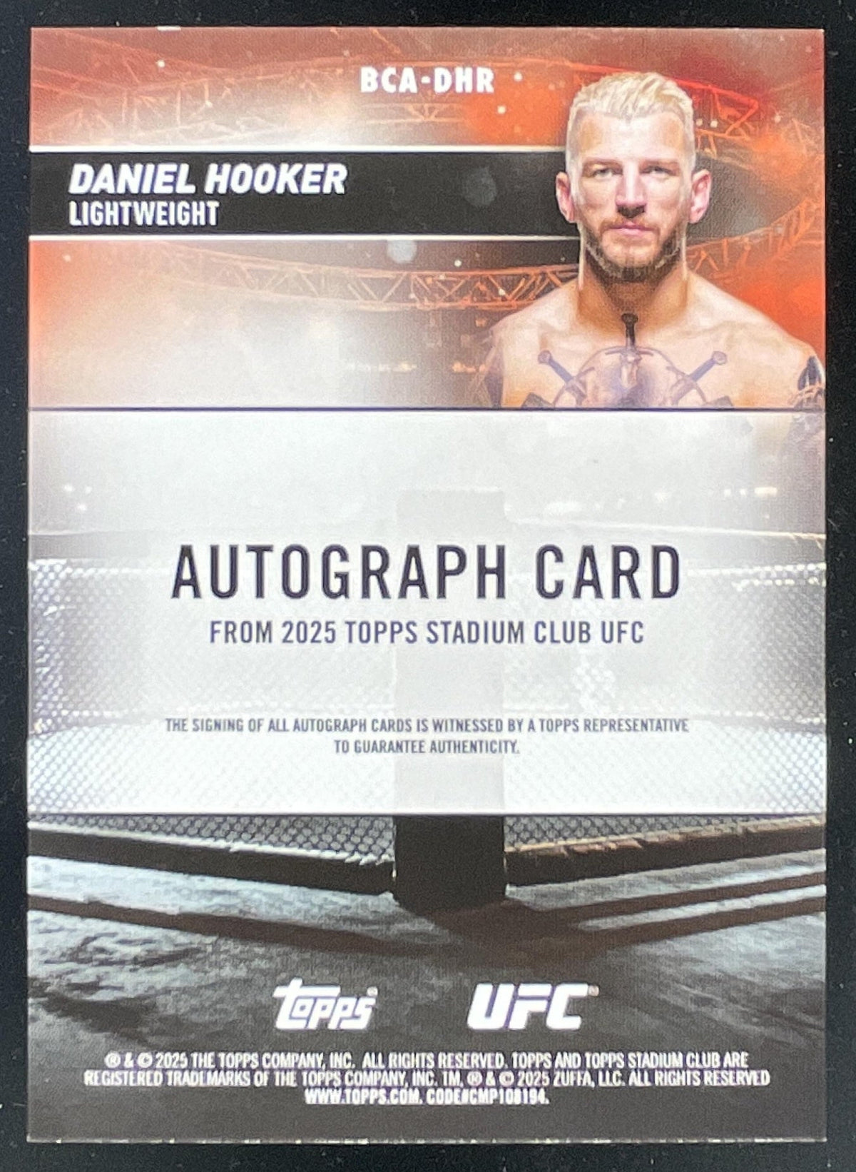 2025 Topps UFC Stadium Club Autograph #BCA-DHR Daniel Hooker Auto product image 2, provided for visual reference and product