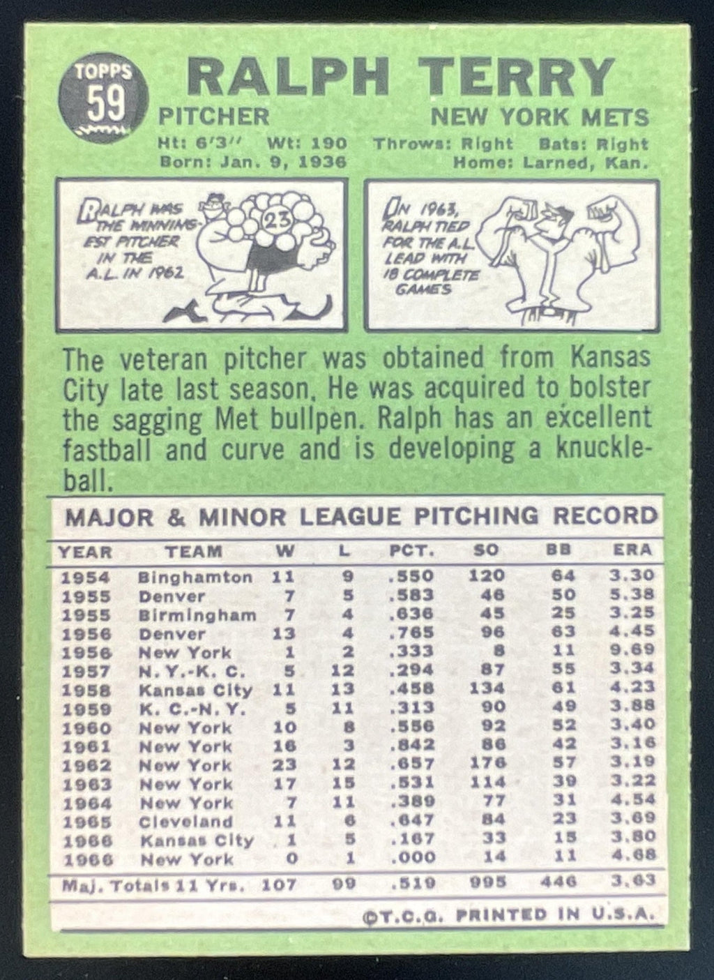 1967 Topps #59 Ralph Terry product image 2, provided for visual reference and product detail review