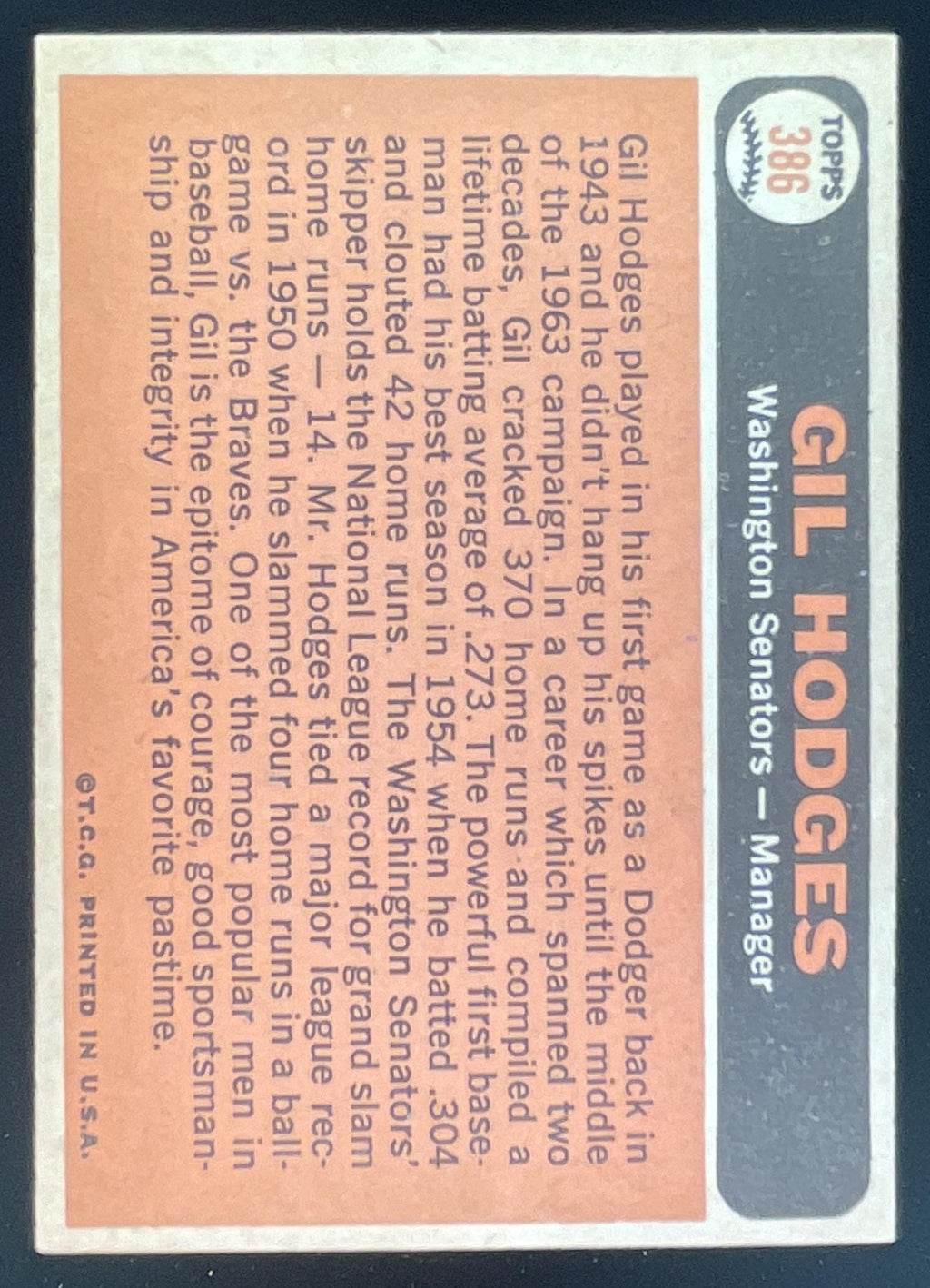 1966 Topps #386 Gil Hodges product image 2, provided for visual reference and product detail review