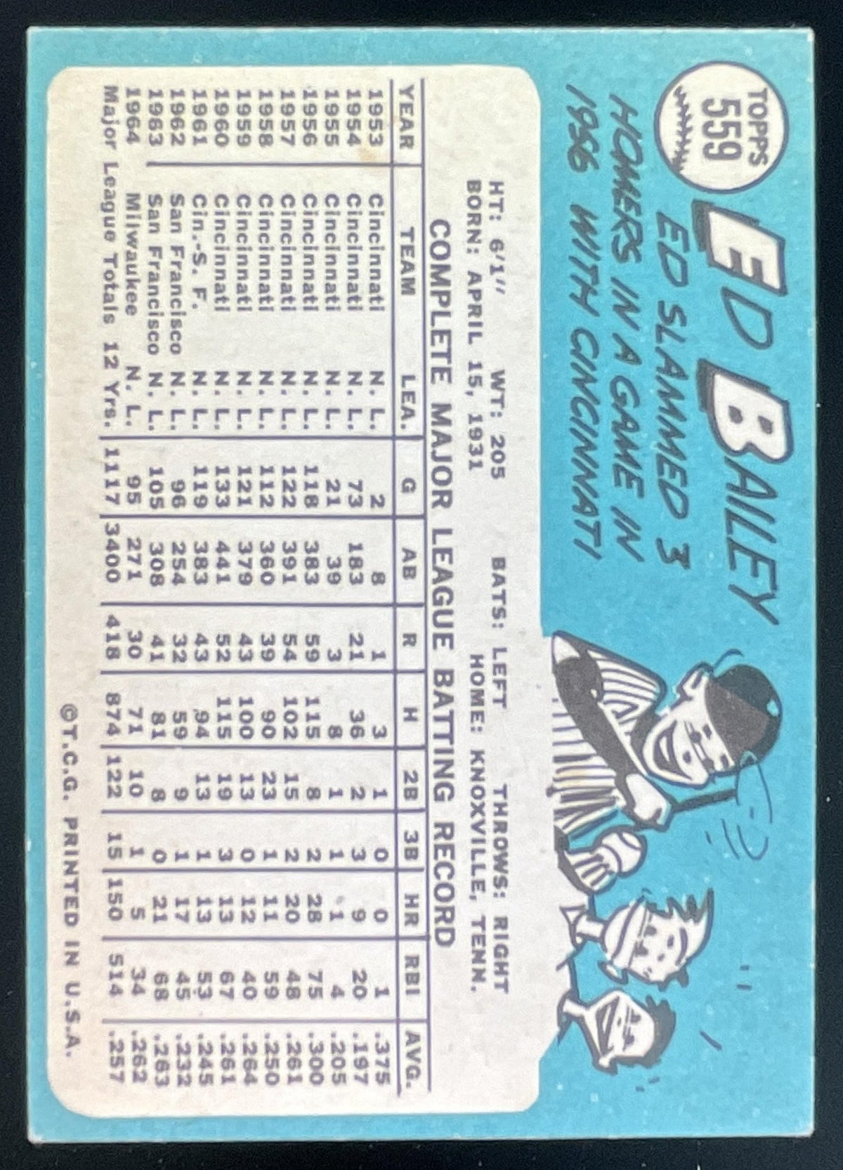 1965 Topps #559 Ed Bailey product image 2, provided for visual reference and product detail review