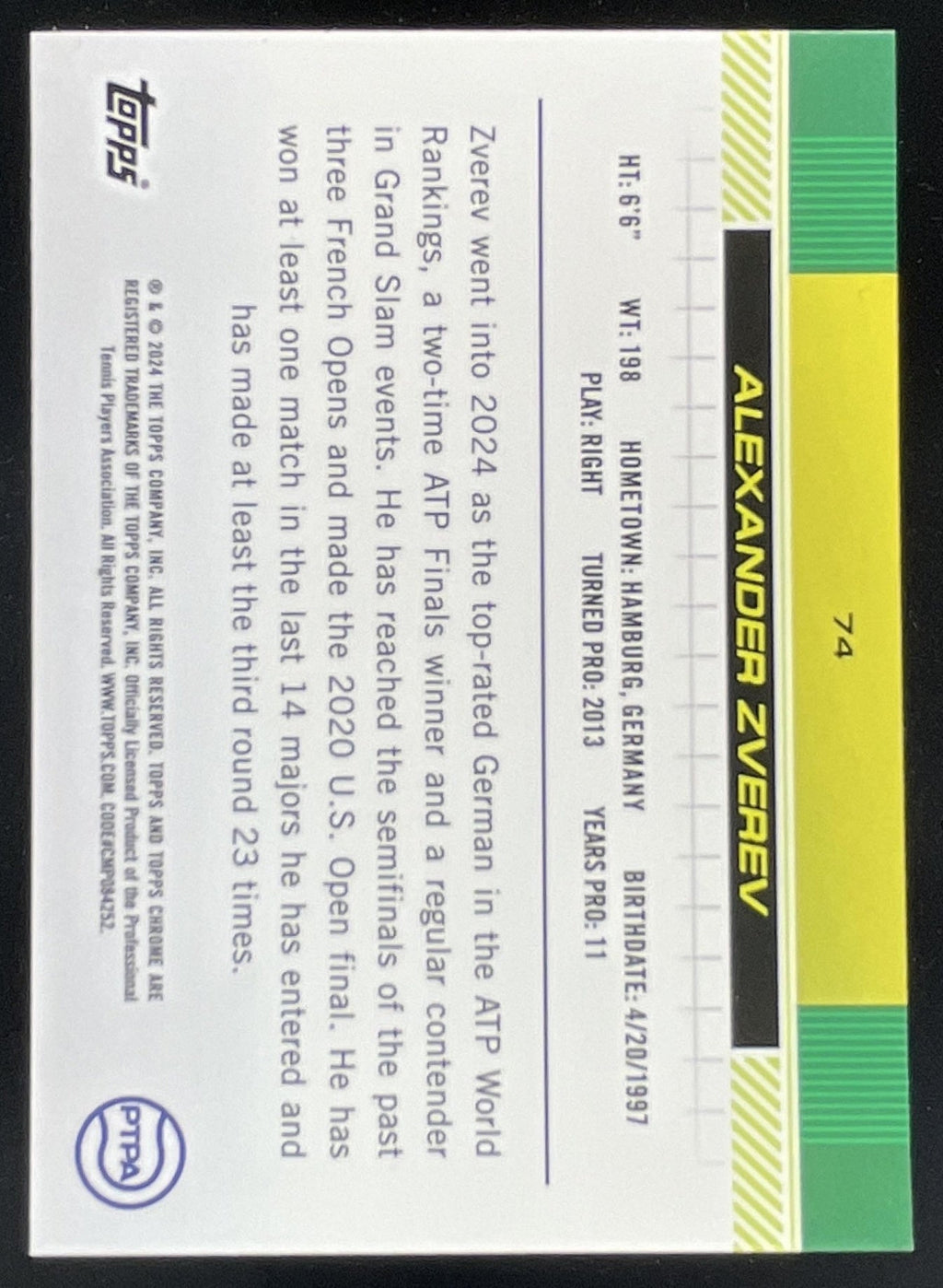 2024 Topps Chrome Green Grass Court Refractor #74 Alexander Zverev /99 product image 2, provided for visual reference and
