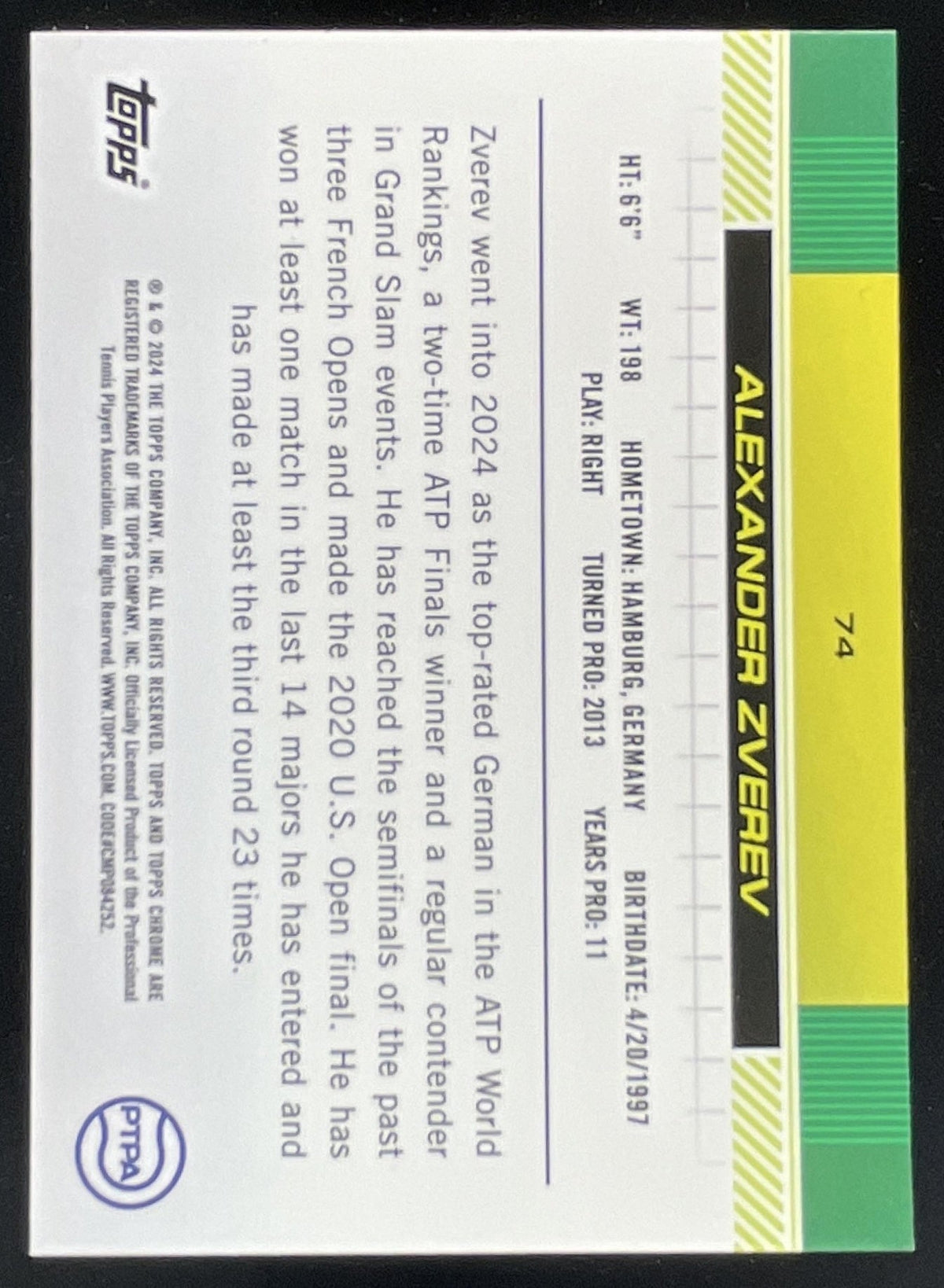 2024 Topps Chrome Green Grass Court Refractor #74 Alexander Zverev /99 product image 2, provided for visual reference and