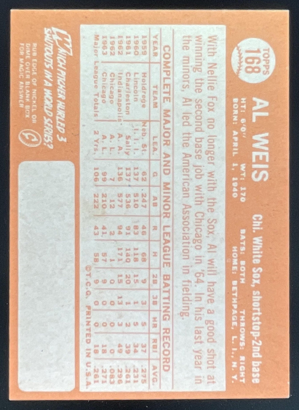 1964 Topps #168 Al Weis Super Rookie RC All-Star product image 2, provided for visual reference and product detail review