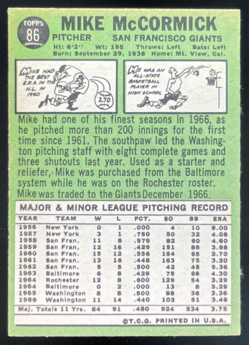 1967 Topps #86 Mike McCormick product image 2, provided for visual reference and product detail review