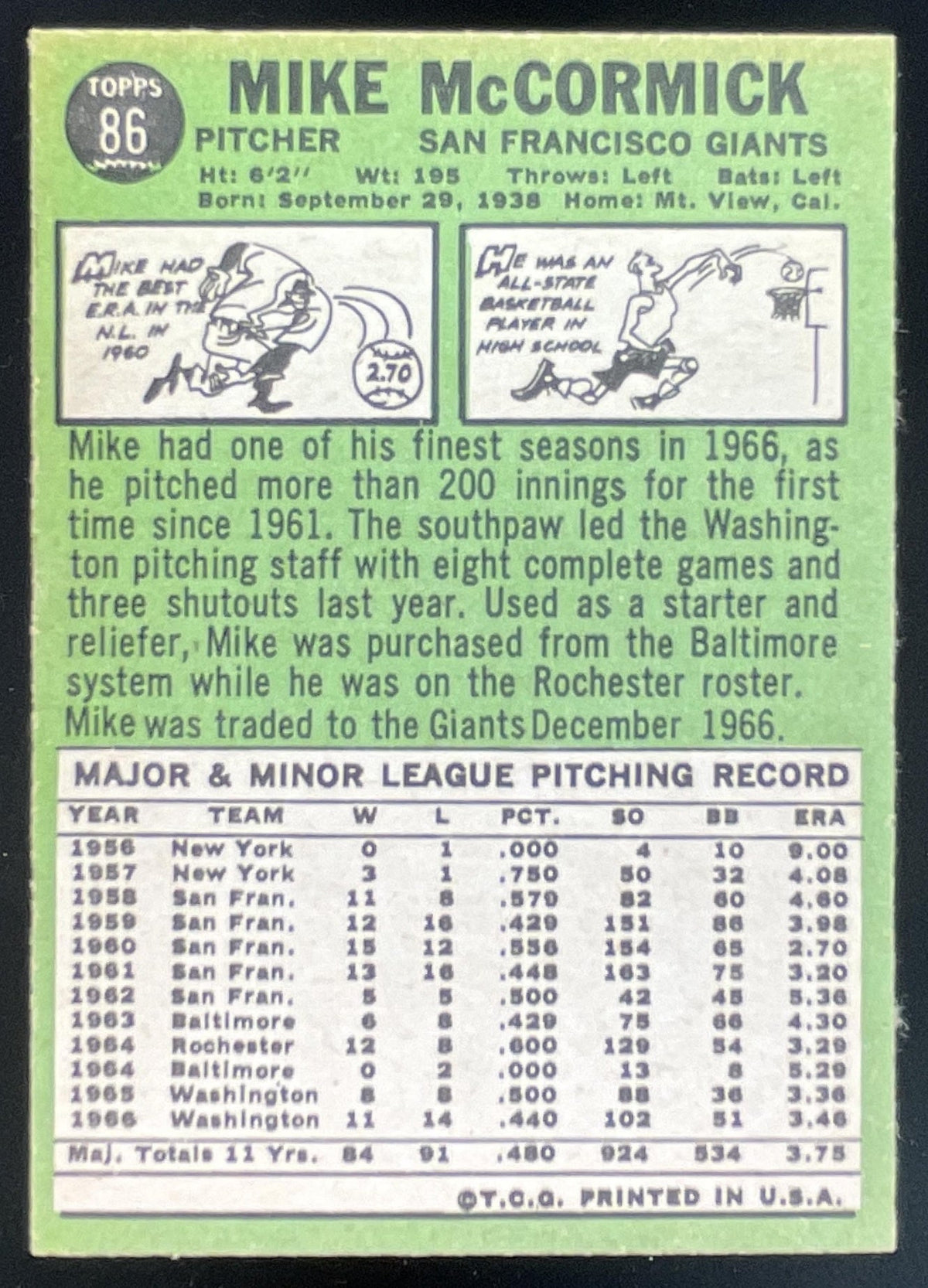 1967 Topps #86 Mike McCormick product image 2, provided for visual reference and product detail review