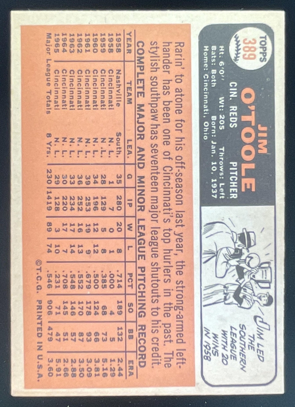 1966 Topps #389 Jim O'Toole product image 2, provided for visual reference and product detail review
