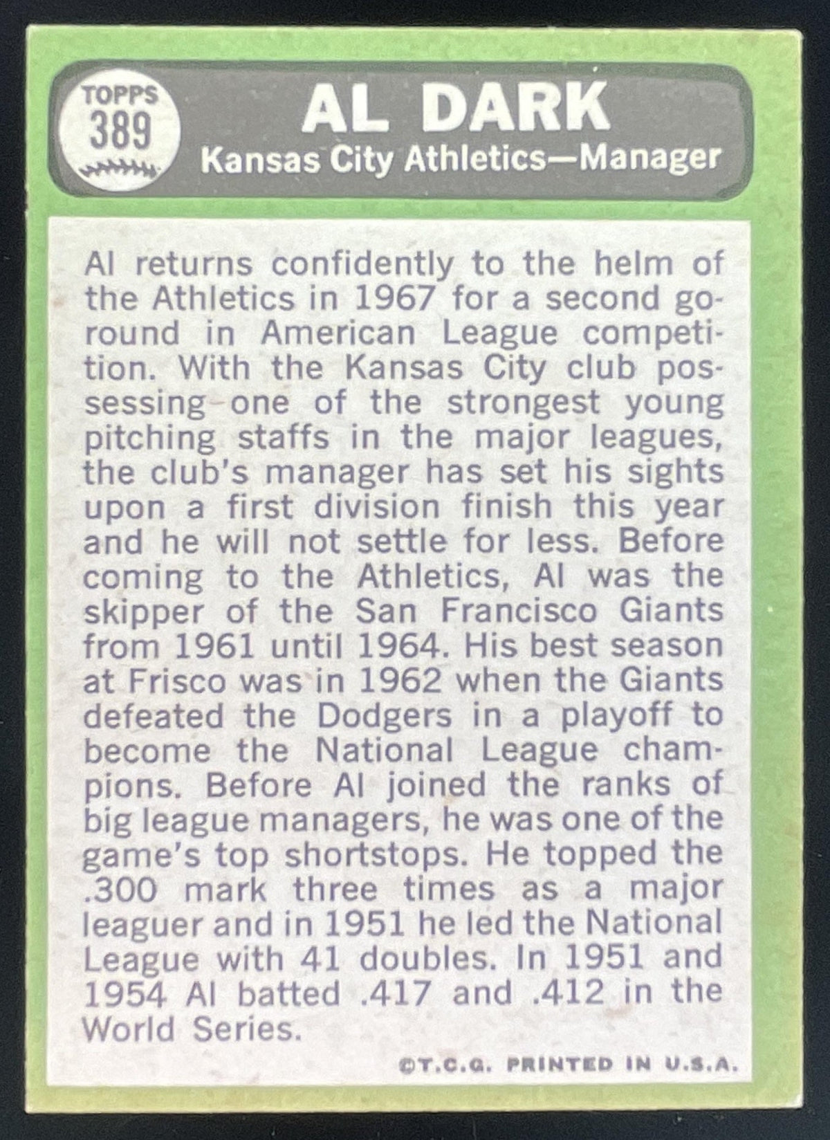 1967 Topps #389 Al Dark product image 2, provided for visual reference and product detail review