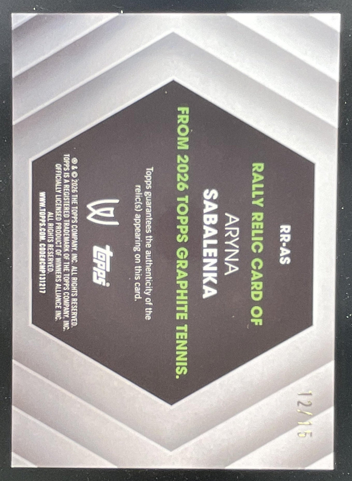2026 Topps Graphite Rally Relics Pink Refractor #RR-AS Aryna Sabalenka /15 product image 2, provided for visual reference