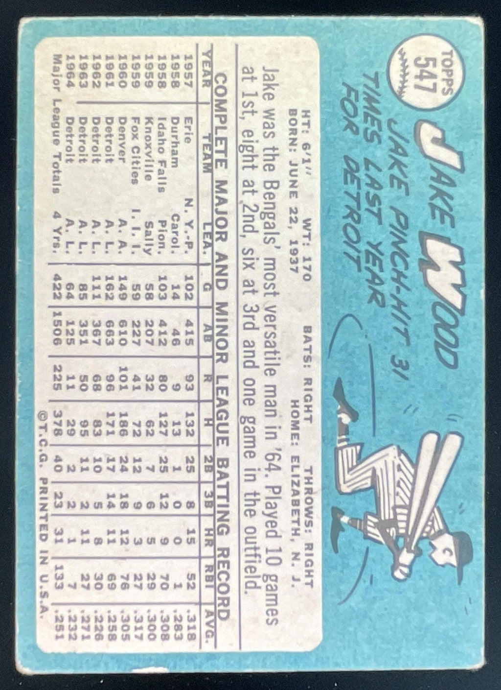 1965 Topps #547 Jake Wood product image 2, provided for visual reference and product detail review