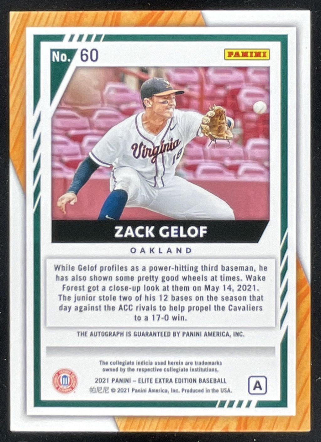 2021 Elite Extra Edition Prime Numbers A Signatures #60 Zack Gelof Auto /205 product image 2, provided for visual reference