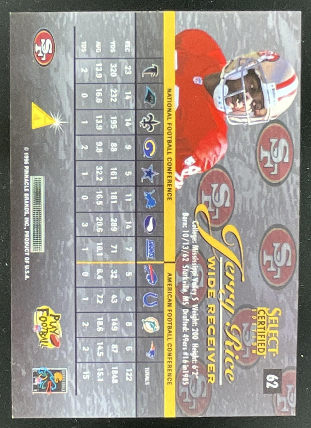 1996 Pinnacle Select Certified Blue #62 Jerry Rice product image 2, provided for visual reference and product detail review